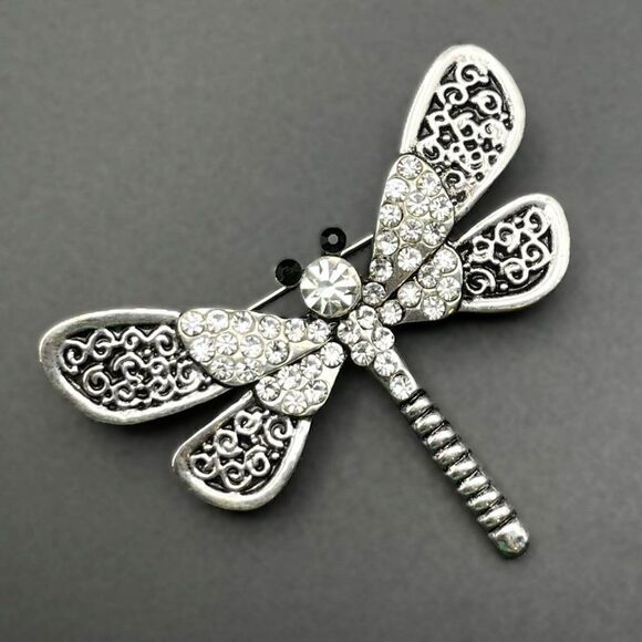 Silver with White Diamond and Onyx Crystal Filigree Dragonfly Pin Back Brooch - Picture 1 of 7